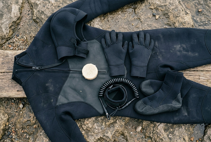 Accesorios de agua fría para el bodyboard: guantes, capucha, escarpines de neopreno y wax sobre un traje de neopreno