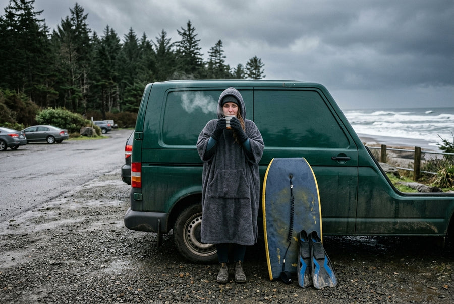 Bodyboarder con poncho después de una sesión de invierno, tabla y aletas apoyadas contra el coche
