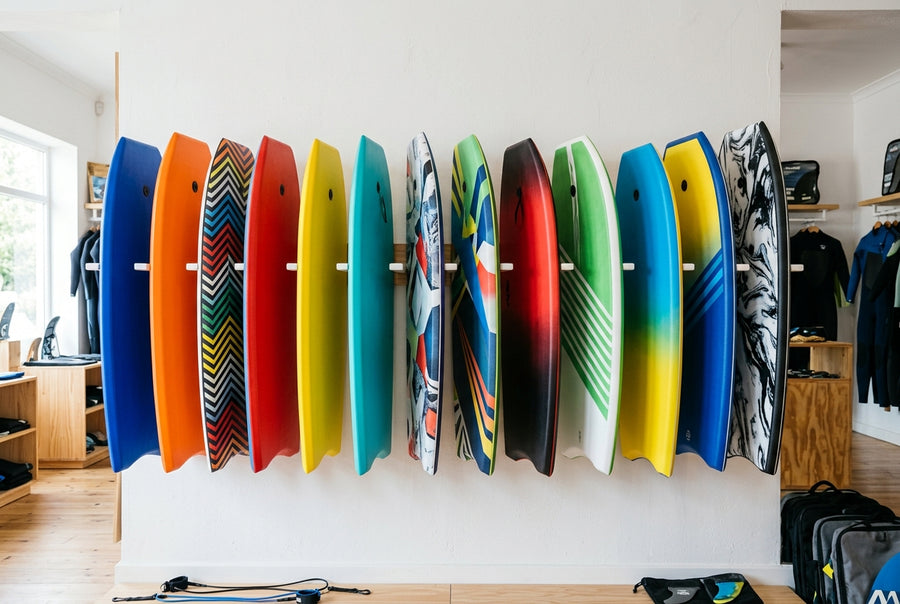 Wall of bodyboards of different brands and colours