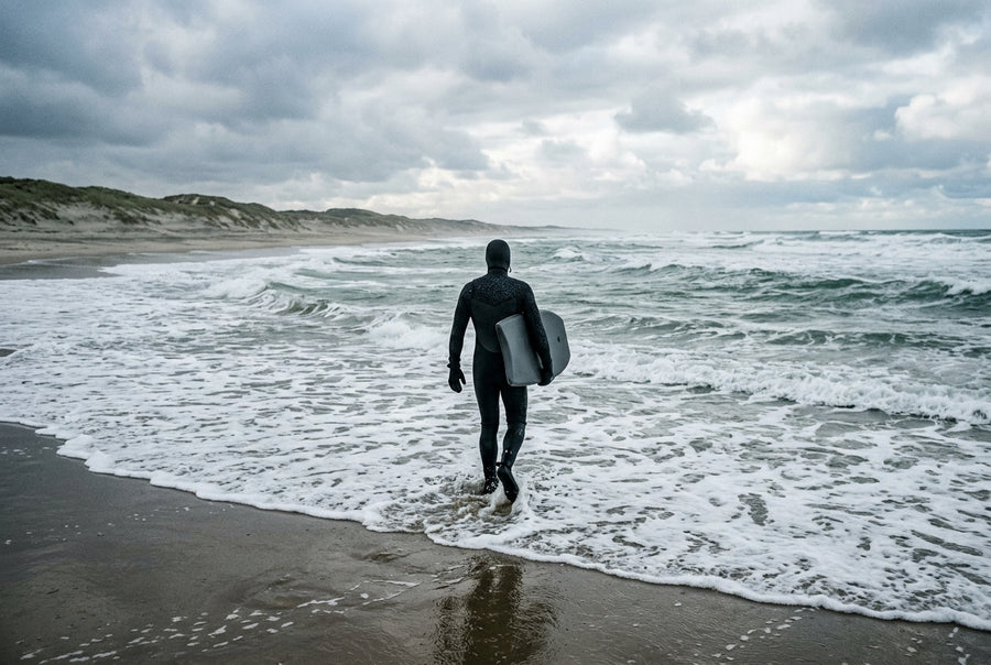 Bodyboarder con traje de neopreno integral entrando en el agua fría del Atlántico en invierno