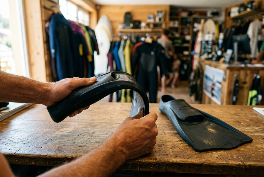 Pala de una aleta de bodyboard flexionada con la mano para probar su rigidez