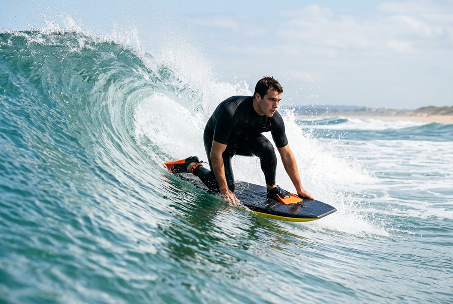 Bodyboarder in the drop-knee position, one knee on the board, on the face of a wave