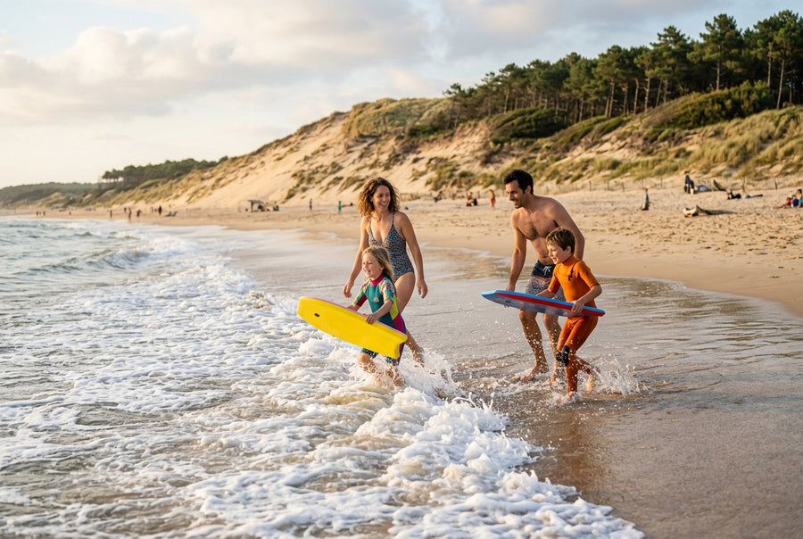 Parents and children with bodyboards in the whitewater on a Landes beach