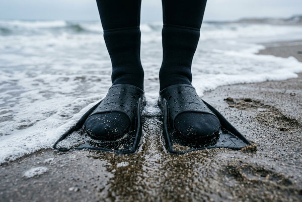 Neoprene boots slipped into bodyboard fins, close-up