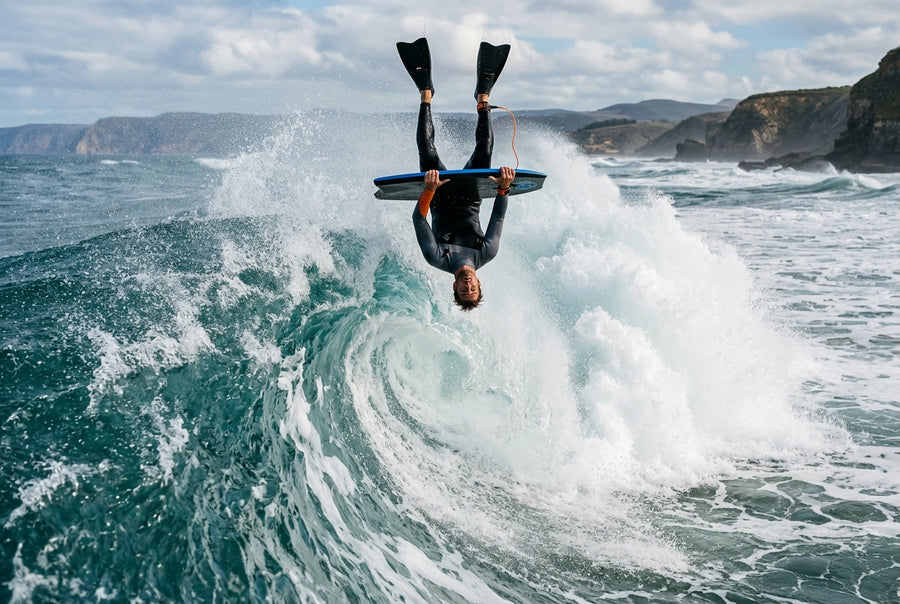 Invert on a bodyboard: rider thrown upside down above the wave