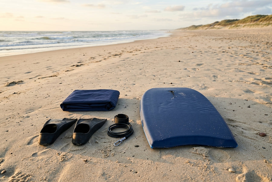 Bodyboard fins, leash and board bag laid on the sand