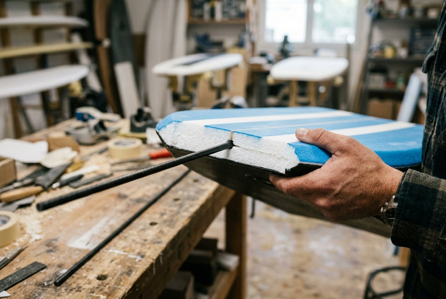 Carbon stringer inserted into the core of a bodyboard
