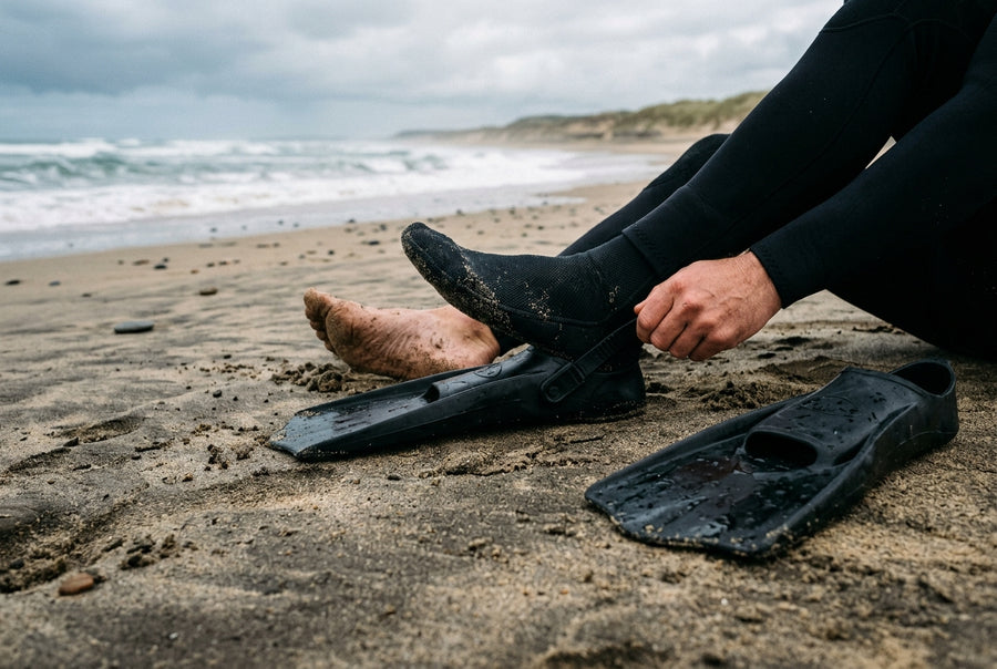 Aleta de bodyboard calzada en un pie con un calcetín de neopreno