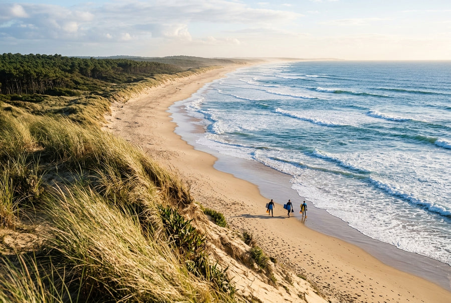 Playa de las Landes vista desde la duna, olas alineadas y bodyboarders entrando en el agua